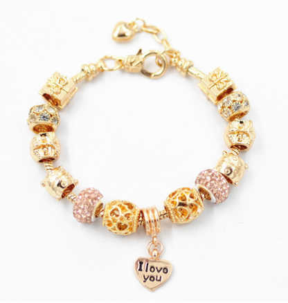 Gold Snake Chain Crystal Heart Bead Bracelet