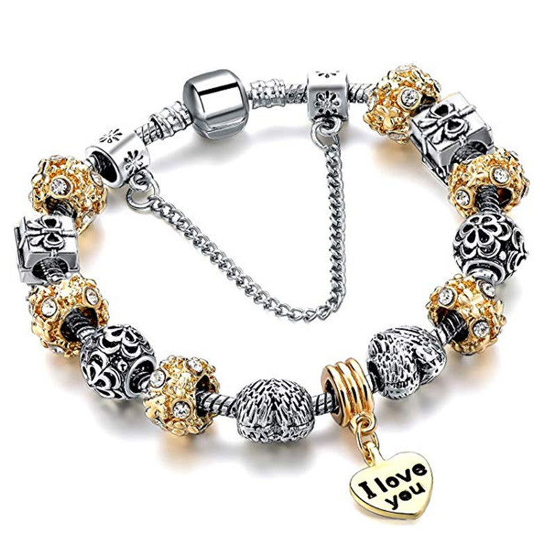 Gold Snake Chain Crystal Heart Bead Bracelet