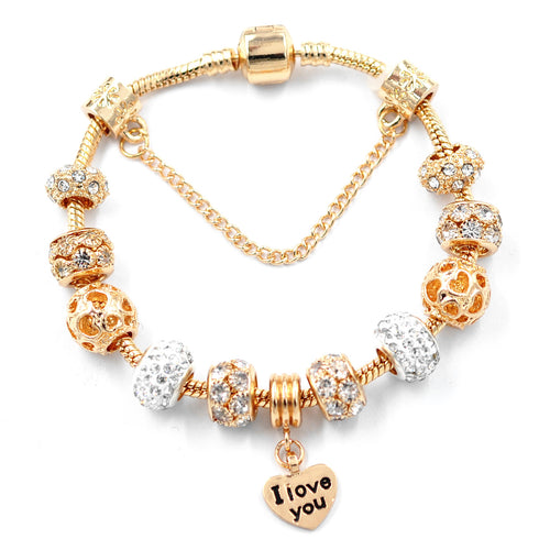 Gold Snake Chain Crystal Heart Bead Bracelet
