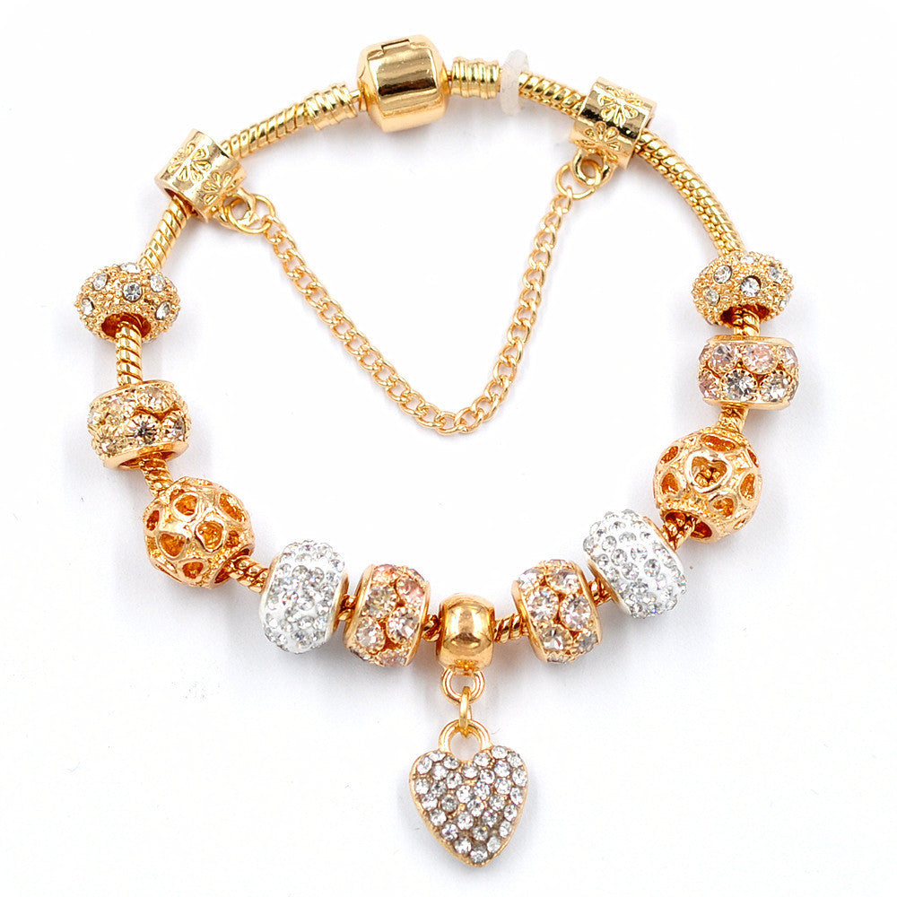 Gold Snake Chain Crystal Heart Bead Bracelet