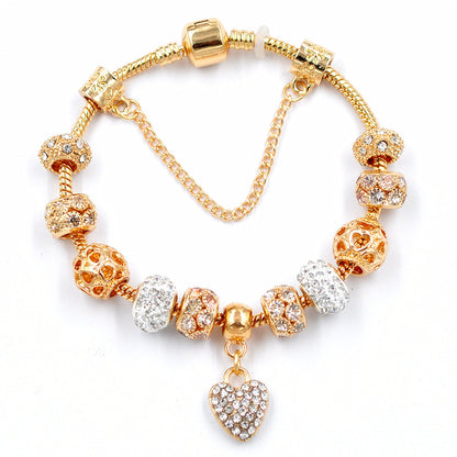 Gold Snake Chain Crystal Heart Bead Bracelet